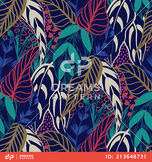 Beautiful Colorful Retro Hand Drawn Leaves, Tropical Palm Forest, Sketch Mood Pattern.