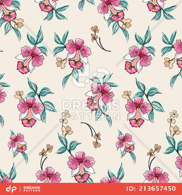 Cute Hand Drown Flowers with Leaves on Beige Background, Path for Textile Prints.