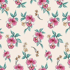 Cute Hand Drown Flowers with Leaves on Beige Background, Path for Textile Prints.