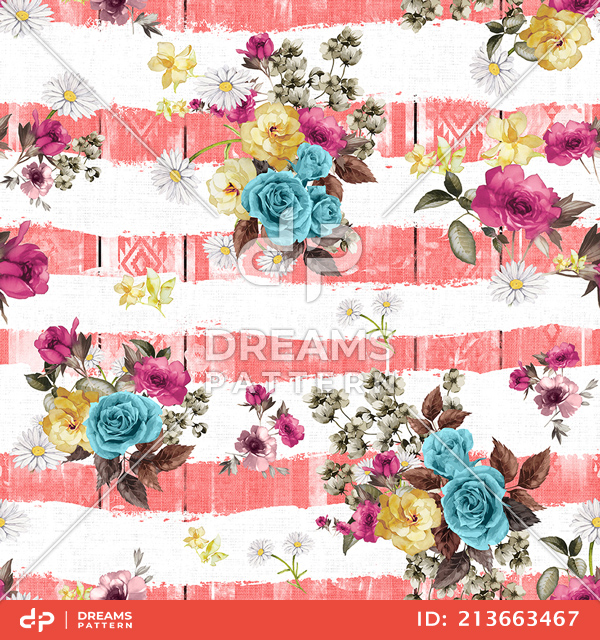 Seamless Beautiful Flowers Bouquet Pattern, with Striped Background.