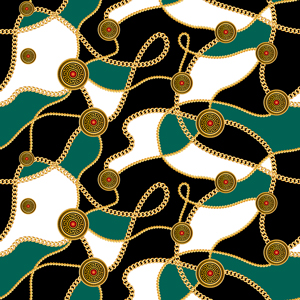 Seamless Golden Motifs and Chains, Luxury Pattern with Green, Black and White.