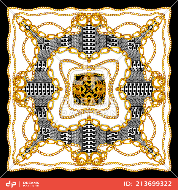 Luxury Scarf Design with Golden Chains and Baroque, Jewelry Shawl Versace Pattern.