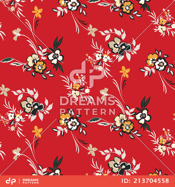 Seamless Floral Pattern, Beautiful Hand Drawn Flowers with Leaves on Red Background.