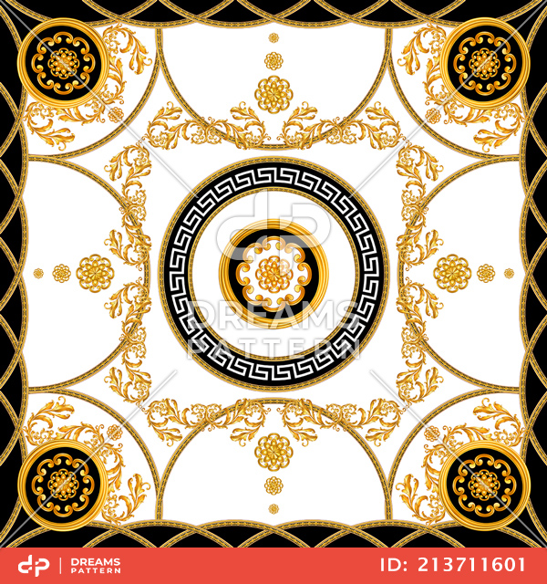 Luxury Scarf Design for Silk Print. Golden Baroque with Chains on White Background.
