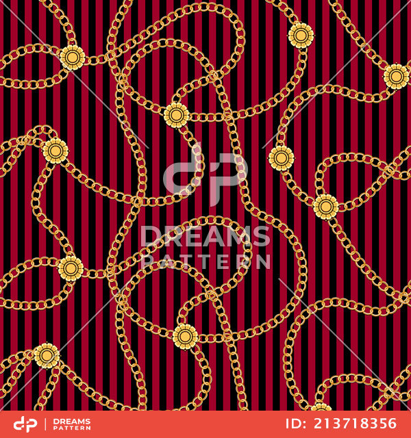 Seamless Pattern with Golden Chains on Lined Red and Black Background.