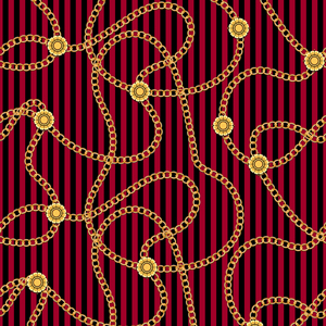 Seamless Pattern with Golden Chains on Lined Red and Black Background.