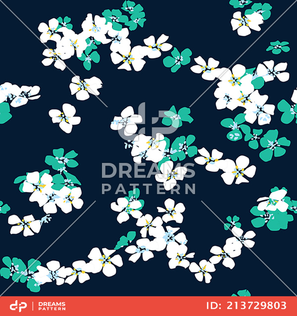 Seamless Hand Drawn Mini Flowers. Repeating Pattern on Dark Blue Background.