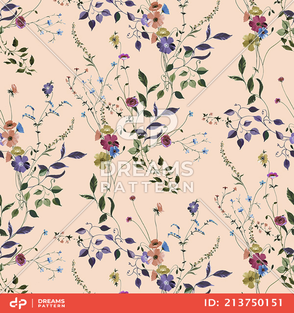 Seamless Watercolor Flowers with Leaves, Spring Pattern on Beige Background.