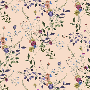 Seamless Watercolor Flowers with Leaves, Spring Pattern on Beige Background.