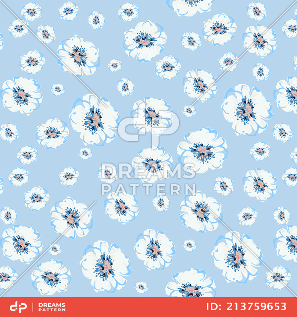 Small Hand Drawn White Flowers, Seamless Spring Pattern on Light Blue Background.