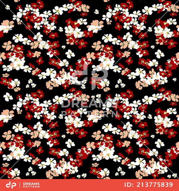 Seamless Hand Drawn Mini Flowers. Repeating Pattern on Black Background.