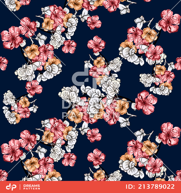 Seamless Hand Drawn Flowers Pattern, Repeated Illustration Ready for Textile Prints.