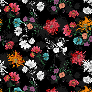 Seamless Hand Drawn Illustration Pattern, Colorful Big Flowers on Black Background.