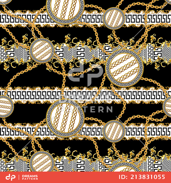 Seamless Pattern of Golden Chains and Baroque with Versace on Black Background.
