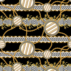 Seamless Pattern of Golden Chains and Baroque with Versace on Black Background.