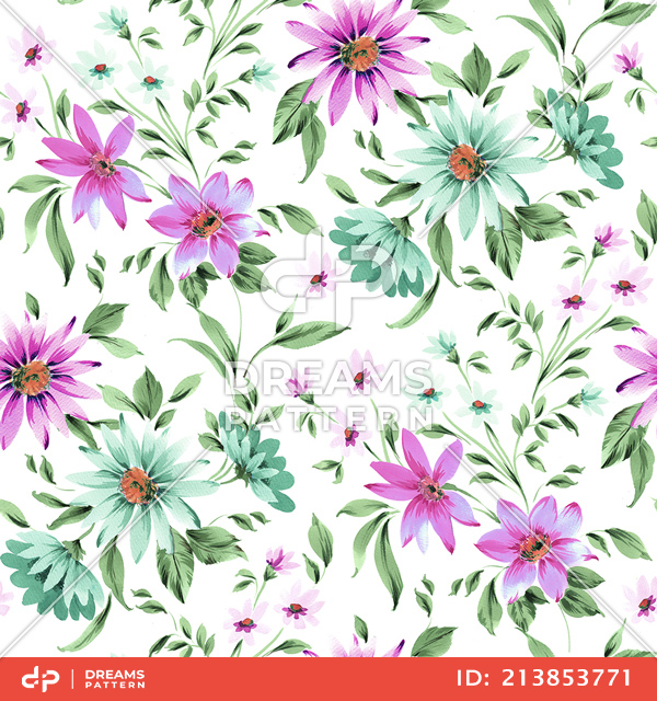 Seamless Watercolor Floral Design with Leaves on White Background.