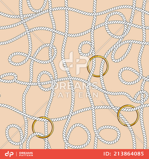 Seamless White Marine Ropes Pattern with Golden Rings on Beige background.