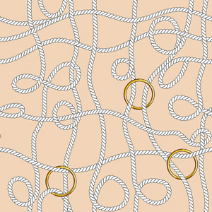 Seamless White Marine Ropes Pattern with Golden Rings on Beige background.
