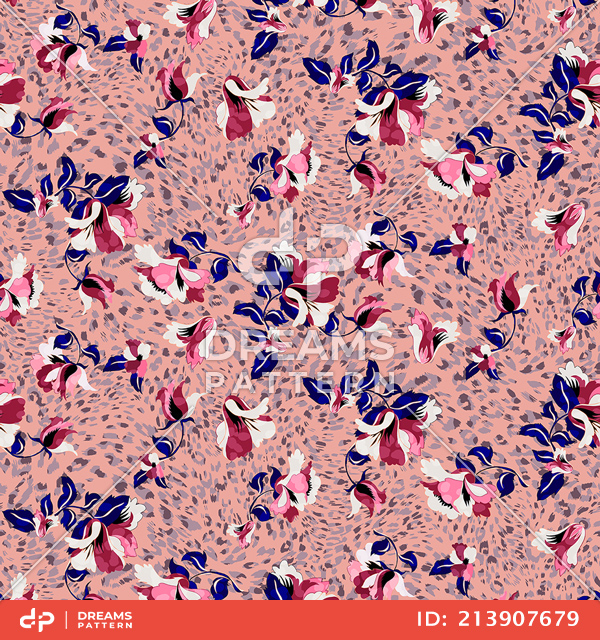 Trendy Seamless Pattern with Flowers with Leopard Skin on Light Pink Background.