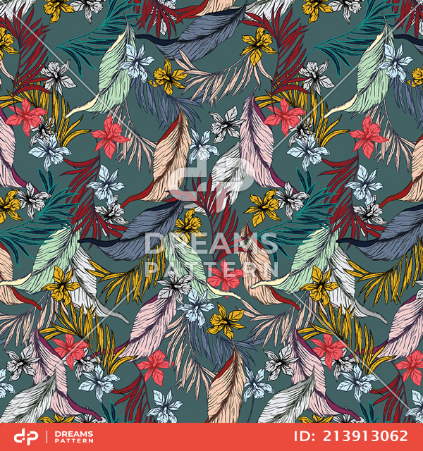 Seamless Vintage Floral Pattern with Leaves, Colorful Hand Drawn Tropical Leaves.