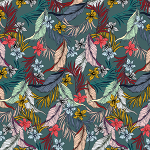 Seamless Vintage Floral Pattern with Leaves, Colorful Hand Drawn Tropical Leaves.