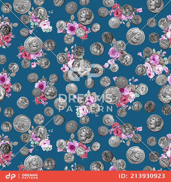 Ancient Coins Pattern with Watercolor Flowers on Blue Background Ready for Textile Print.