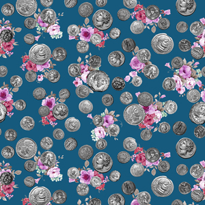 Ancient Coins Pattern with Watercolor Flowers on Blue Background Ready for Textile Print.