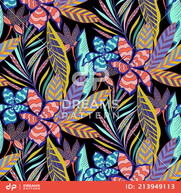 Seamless Colored Tropical Flowers with Retro Hawaiian Style Ready for Textile Prints.