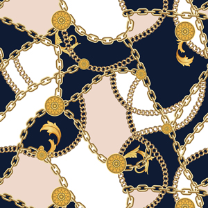 Seamless Pattern with Golden Chains on Dark Blue, Light Brown and White Background.