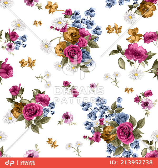 Seamless Watercolor Floral Pattern, Beautiful Flowers Bouquet on White Background.