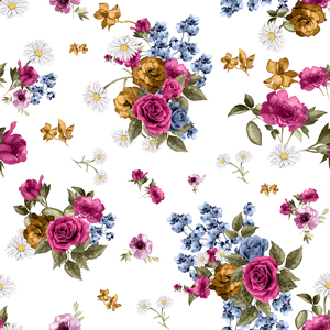 Seamless Watercolor Floral Pattern, Beautiful Flowers Bouquet on White Background.