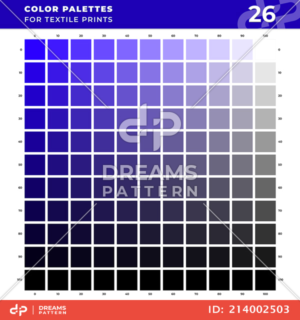 Set 26 Color Palettes for Textile Prints. Tints and Shades Chart, Colors Guide Swatches.