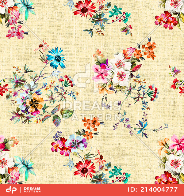 Seamless Colorful Floral Pattern, Ready for Textile Prints on Yellow Background.