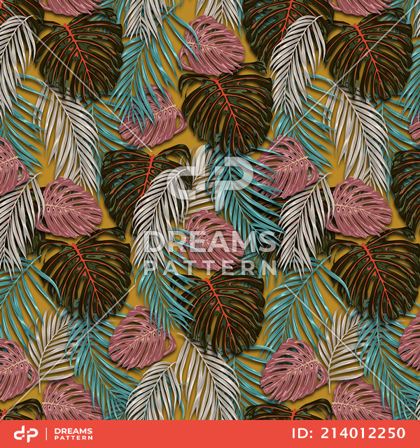 Seamless Tropical Leaves Pattern, Colorful Palm leaves Designed for Textile Print.