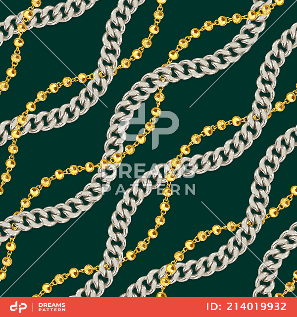 Seamless Pattern of Golden and Silver Chains. Curved Waves, Designed with diagonal form.