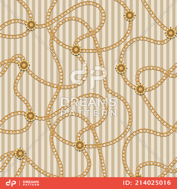 Seamless Pattern with Golden Chains on Light Lined Background.