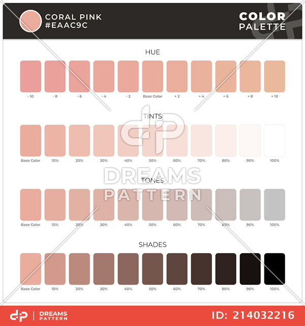 Coral Pink / Color Palette Ready for Textile. Hue, Tints, Tones and Shades Guide.