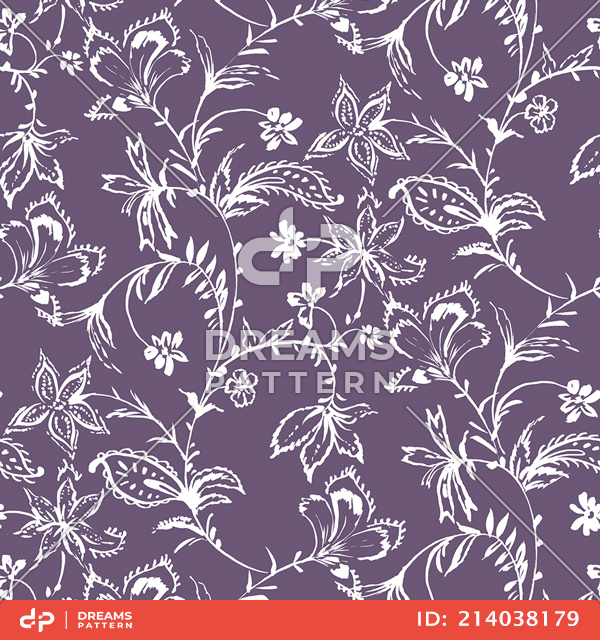 Seamless Hand Drawn Flowers with Leaves. Repeating Pattern on Purple Background.