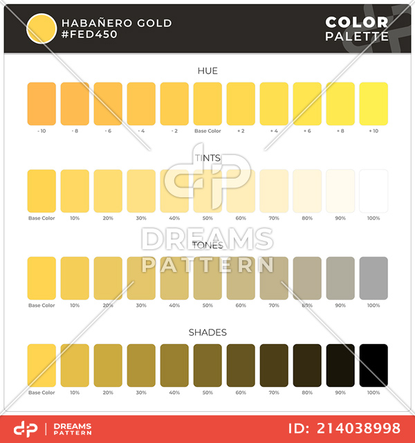 Habañero Gold / Color Palette Ready for Textile. Hue, Tints, Tones and Shades Guide.