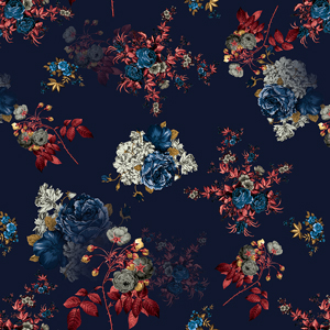 Seamless Spring Flowers and Leaves. Botanical Pattern, on Dark Blue Background.