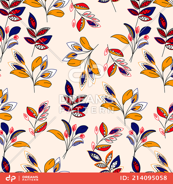 Beautiful Hand Drawn Leaves, Seamless Colorful Pattern Ready for Textile Print.