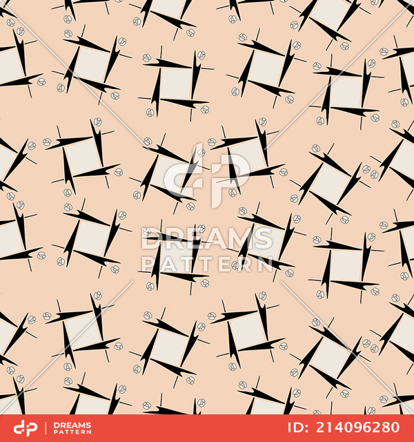 Seamless Pattern with Black and White Shapes on Peach Colored Background.