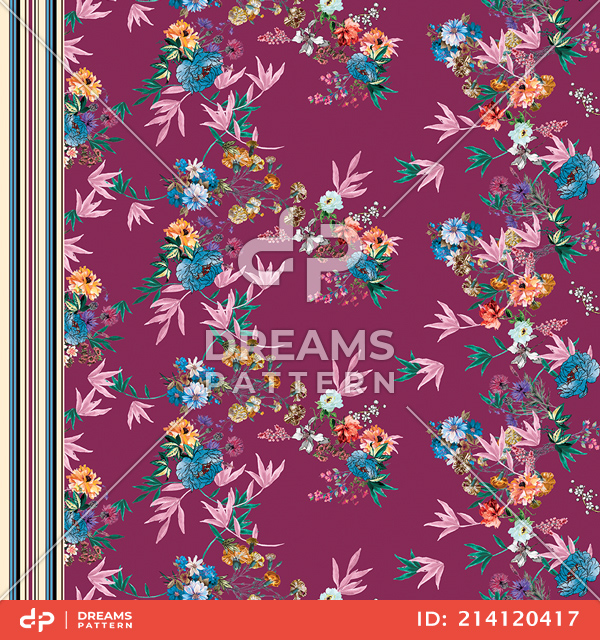 Floral with Stripes Pattern, Long Dress Design Seamless by One Side Ready for Textile Prints.