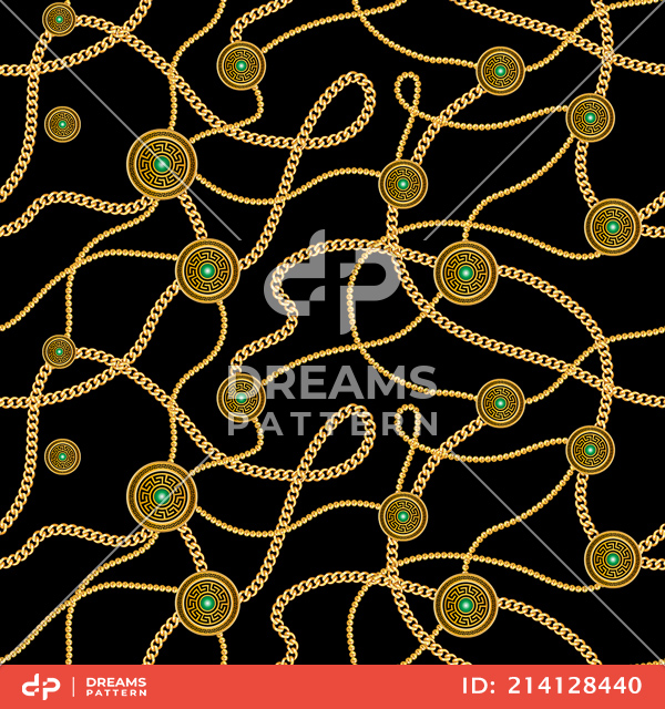 Seamless Luxury Pattern of Golden Motifs and Chains on Black Background.