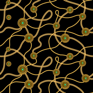 Seamless Luxury Pattern of Golden Motifs and Chains on Black Background.
