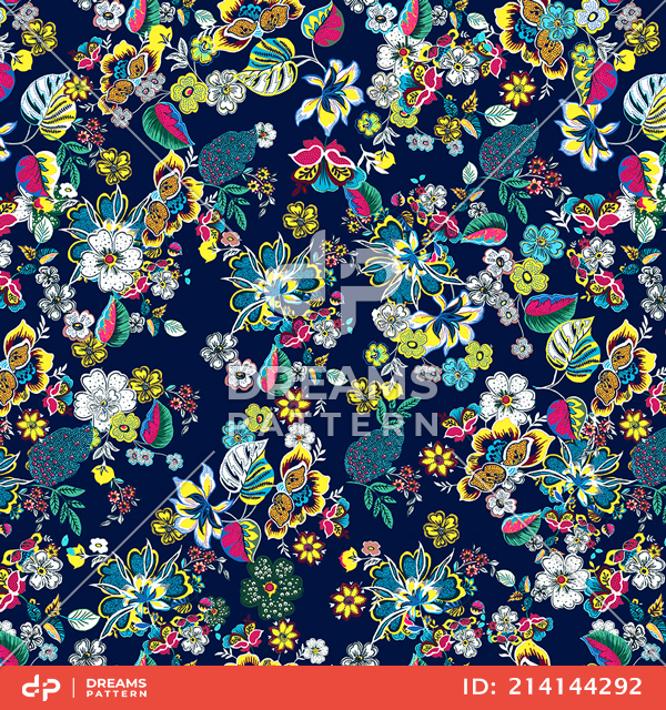 Seamless Colored Floral Pattern with Leaves. Small Flowers Design Ready for Textile Prints.