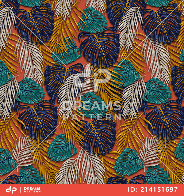 Seamless Tropical Leaves Pattern, Colorful Palm leaves Designed for Textile Print.