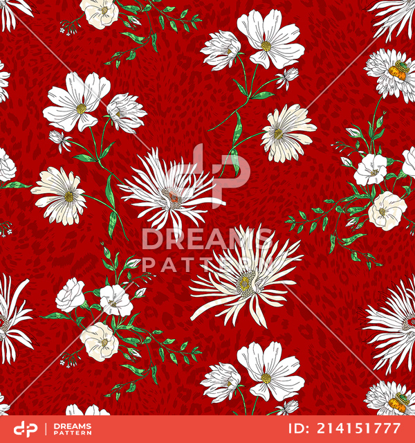Seamless Modern Hand Drawn Floral Pattern, White Big Flowers on Red Background.