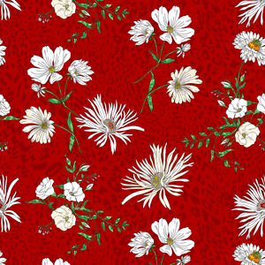 Seamless Modern Hand Drawn Floral Pattern, White Big Flowers on Red Background.