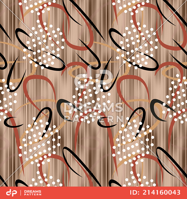 Seamless Modern Abstract Pattern, Colored Curves with Dots on Lined Background.